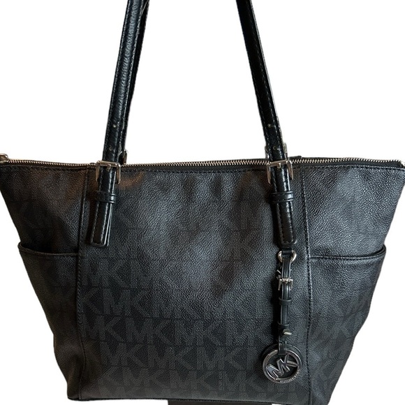 MICHAEL Michael Kors Black Gray Monogram Double Handle Large Tote Footed Pocket - Picture 13 of 13
